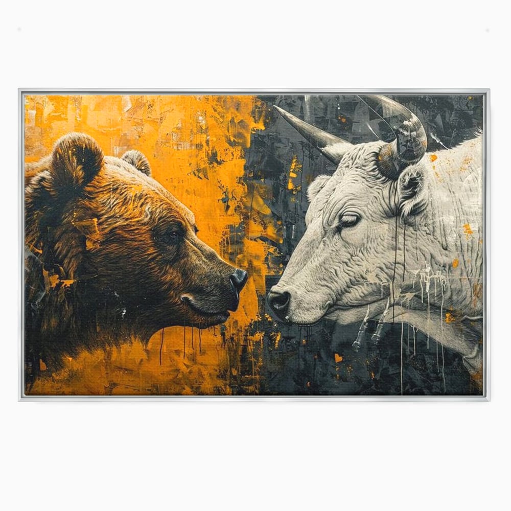 Tablou canvas cu tablou canvas cu urs si taur, in rama de aluminiu argintiu